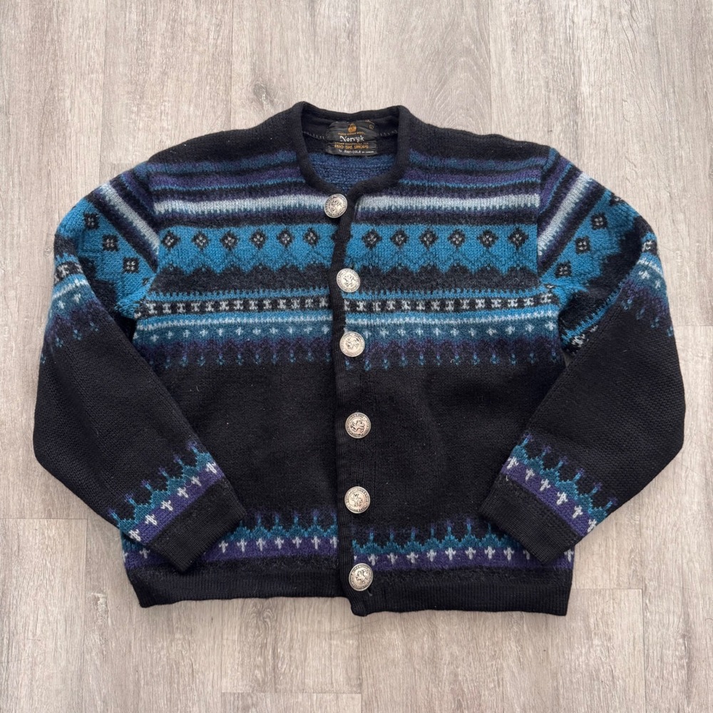 Vintage Norvyk Pure Virgin Wool Nordic Fair Isle Cardigan Coin Button Sweater L